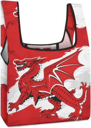 Flag of Wales Welsh Novelty Reusable Grocery Bag Fold-able Shopping Bags Washable Tote Lightweight Storage Pouch with Handle
