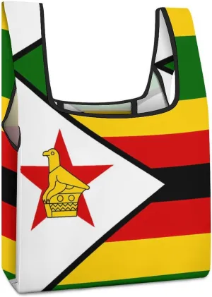 Flag of Zimbabwe Novelty Reusable Grocery Bag Fold-able Shopping Bags Washable Tote Lightweight Storage Pouch with Handle