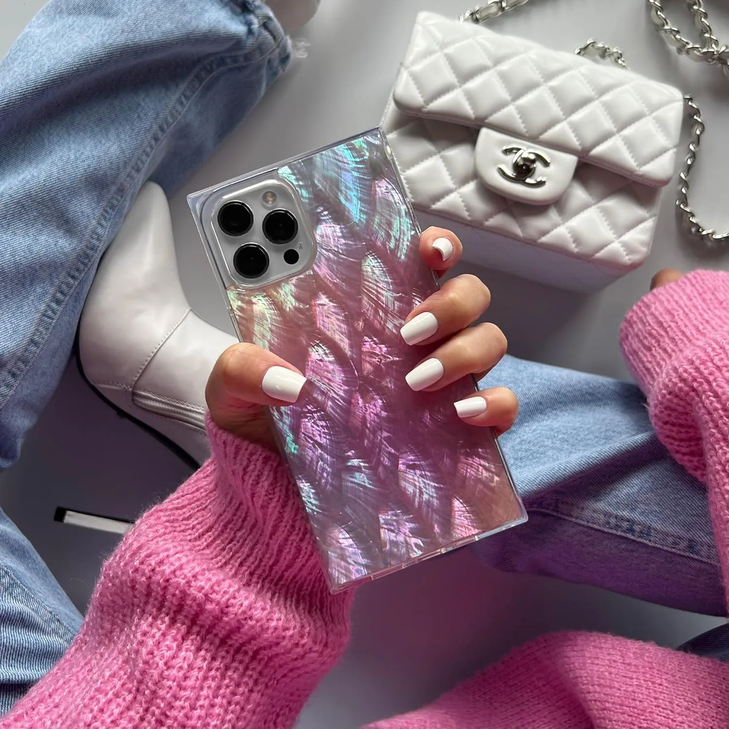 Flaunt Square Protective Case - Compatible with iPhone 13 - Wireless Charging - Stylish Drop Tested Shockproof Phone Case - The Official Square Phone Case (Pink Mother of Pearl)