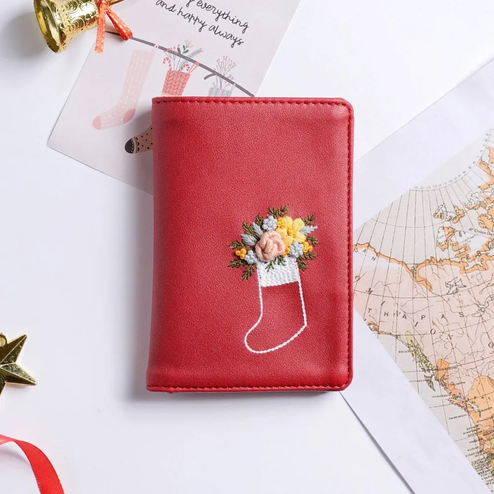 Floret Stocking Embroidered Passport Cover Red