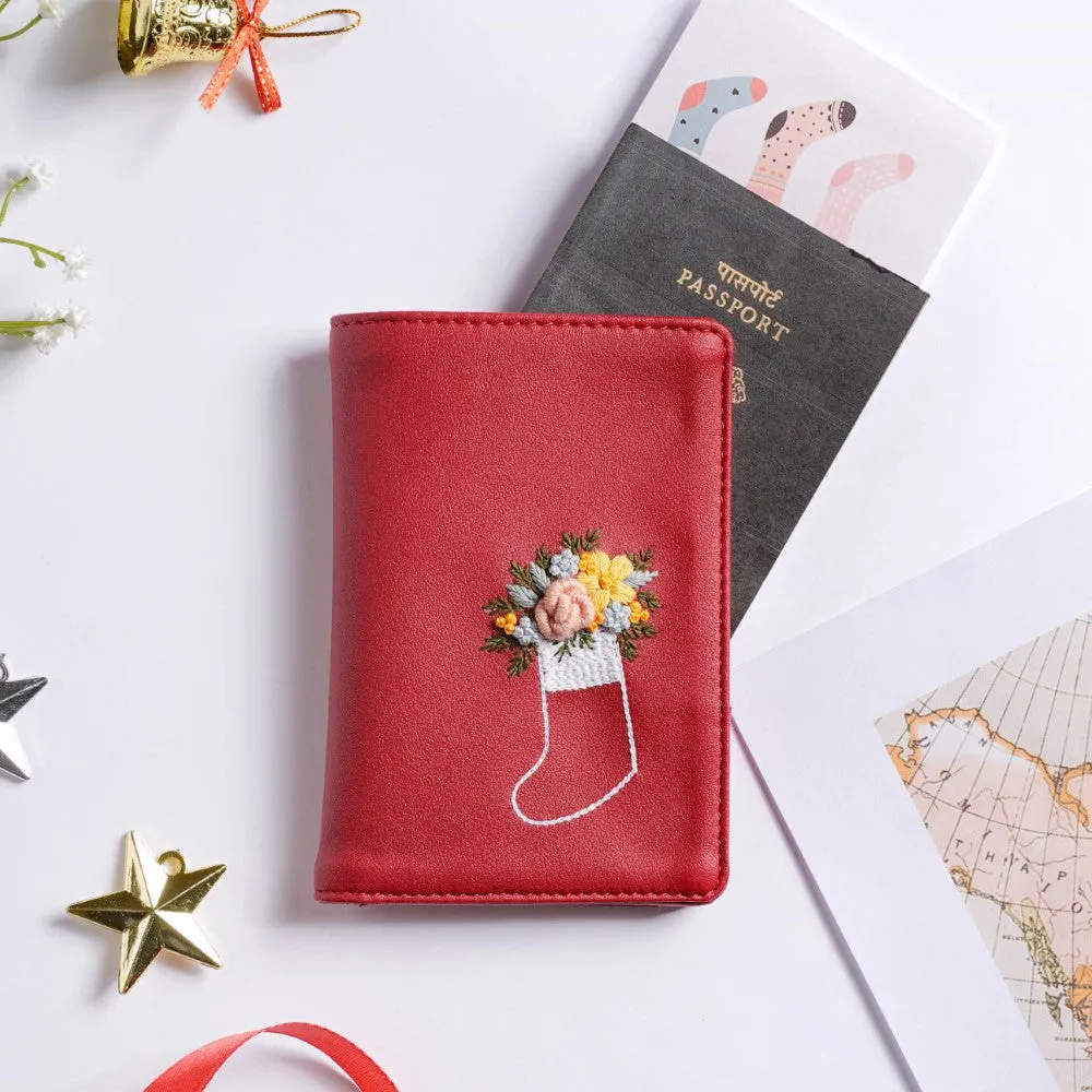 Floret Stocking Embroidered Passport Cover Red