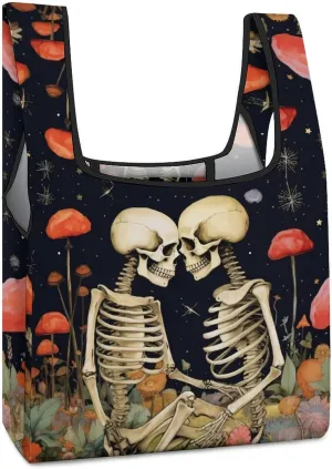 Flower with Skeleton Couple Novelty Reusable Grocery Bag Fold-able Shopping Bags Washable Tote Lightweight Storage Pouch with Handle