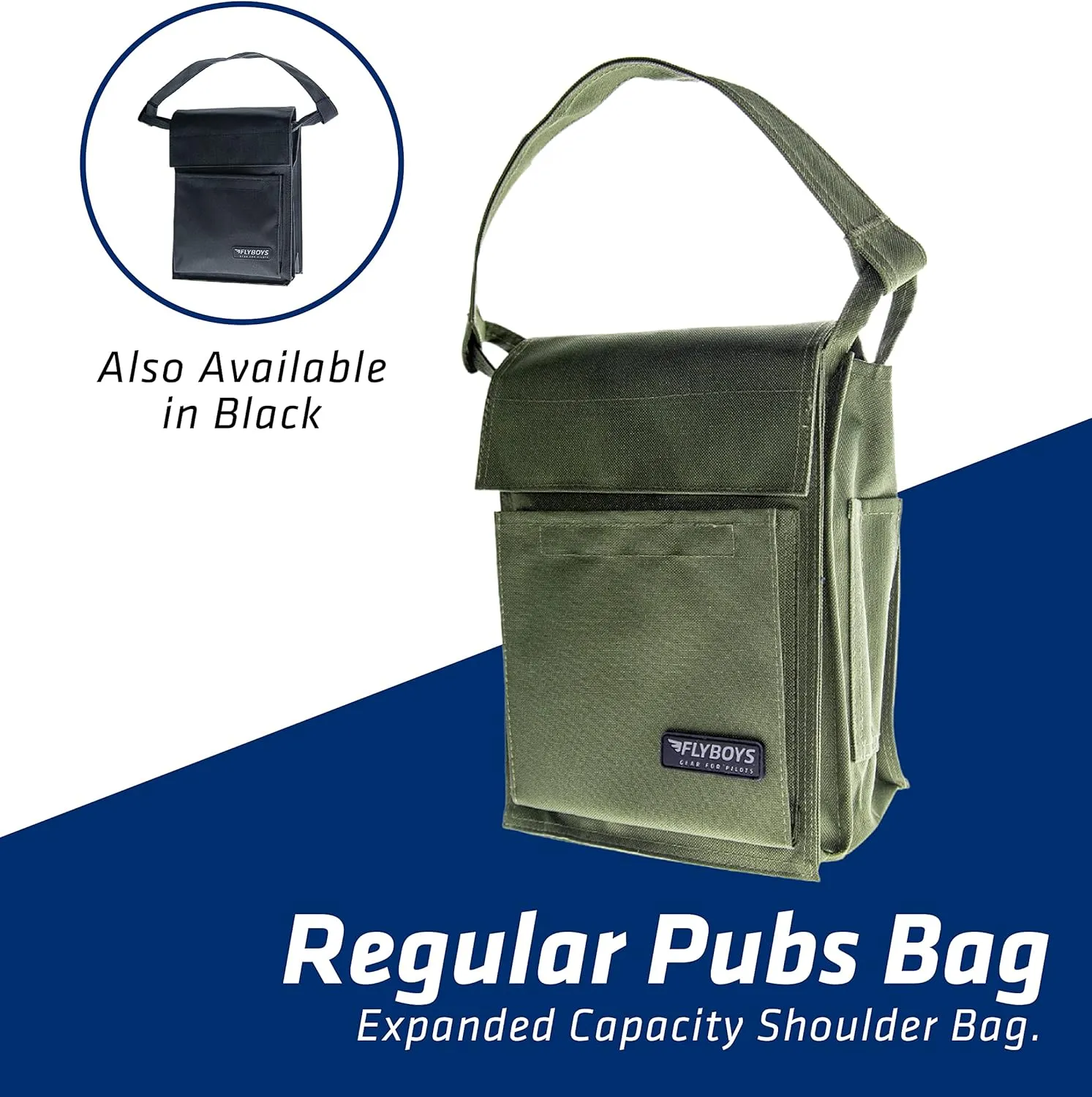 FLYBOYS Regular Pubs Bag - Expanded Capacity Shoulder Bag - For Professional Pilots, General Aviation - 7.5 in X 10 in - Black