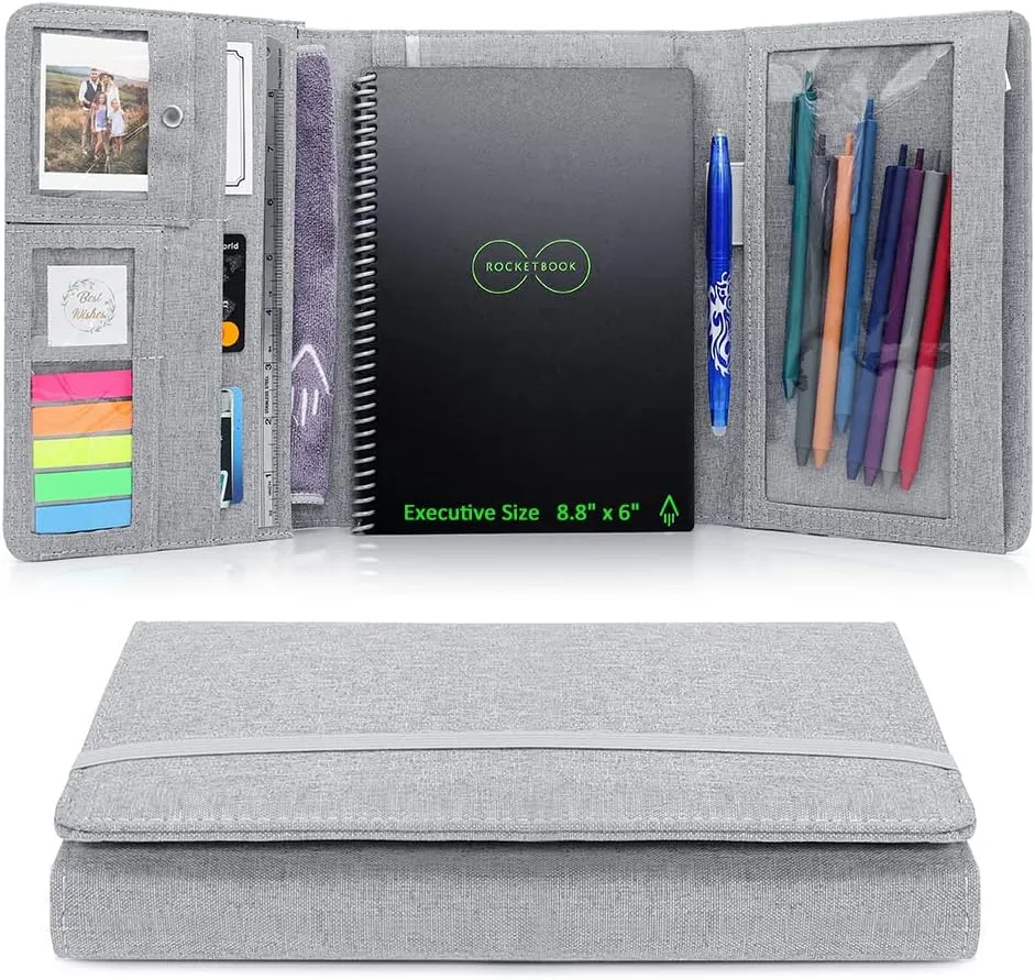 Folio Cover Compatible with Rocketbook Executive Size 6"x8.8", Wave, Everlast Fusion, Panda, A5 Portfolio Organizer with Photos, Pen Loop, Waterproof Fabric, Ribbon bookmark (Gray)