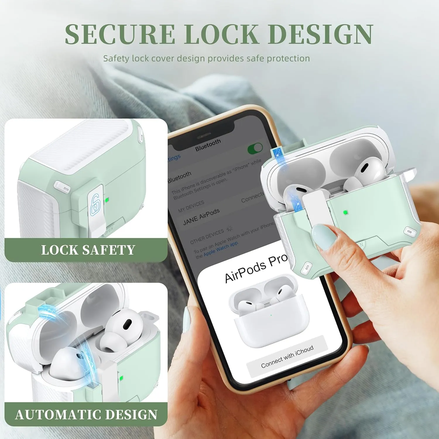 for AirPods Pro 2nd/1st Generation Case Cover, Compatible with Magsafe, Magnetic Automatic Lock, Charging Port Dust-Proof & Stand Design with Cleaning Kit, White/Green