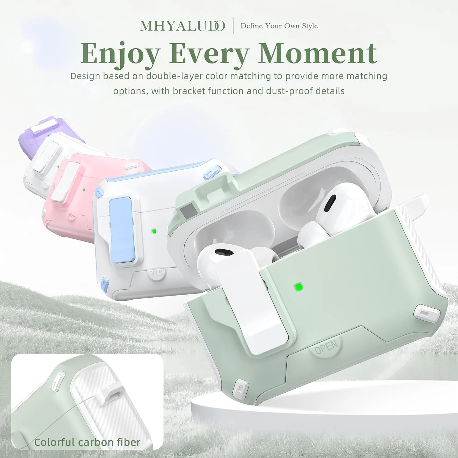 for AirPods Pro 2nd/1st Generation Case Cover, Compatible with Magsafe, Magnetic Automatic Lock, Charging Port Dust-Proof & Stand Design with Cleaning Kit, White/Green