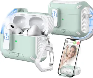 for AirPods Pro 2nd/1st Generation Case Cover, Compatible with Magsafe, Magnetic Automatic Lock, Charging Port Dust-Proof & Stand Design with Cleaning Kit, White/Green