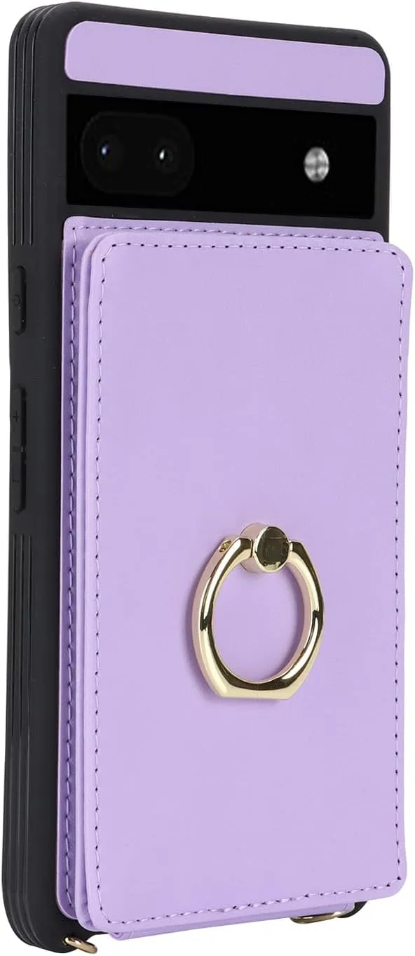 for Google Pixel 6A Case with Card Holder and Strap for Women,Crossbody Lanyard,Ring Stand,Snap Clasp,Phone Wallet Cases 6.1 inch(Purple)