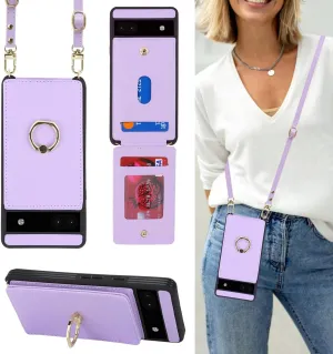 for Google Pixel 6A Case with Card Holder and Strap for Women,Crossbody Lanyard,Ring Stand,Snap Clasp,Phone Wallet Cases 6.1 inch(Purple)