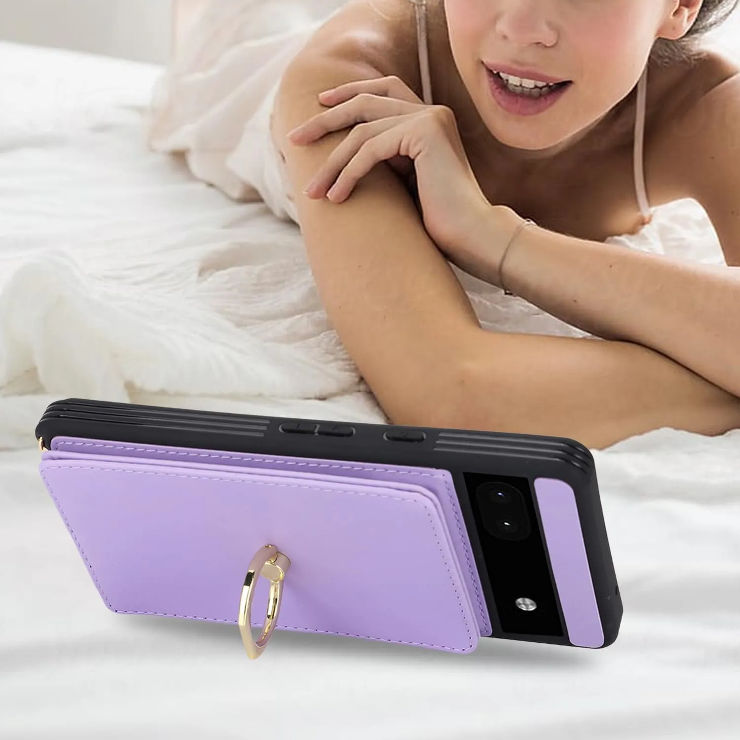 for Google Pixel 6A Case with Card Holder and Strap for Women,Crossbody Lanyard,Ring Stand,Snap Clasp,Phone Wallet Cases 6.1 inch(Purple)