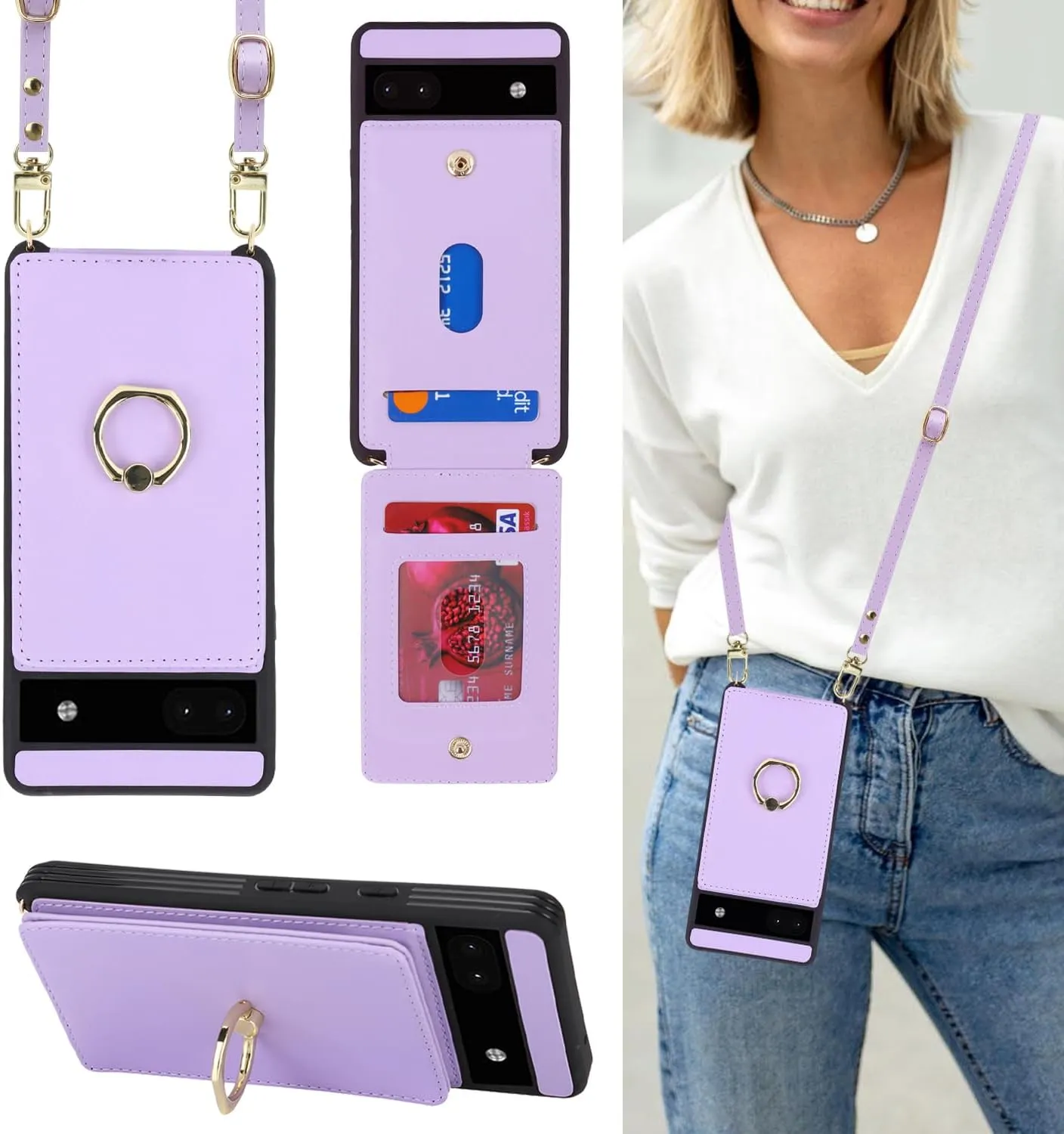 for Google Pixel 6A Case with Card Holder and Strap for Women,Crossbody Lanyard,Ring Stand,Snap Clasp,Phone Wallet Cases 6.1 inch(Purple)