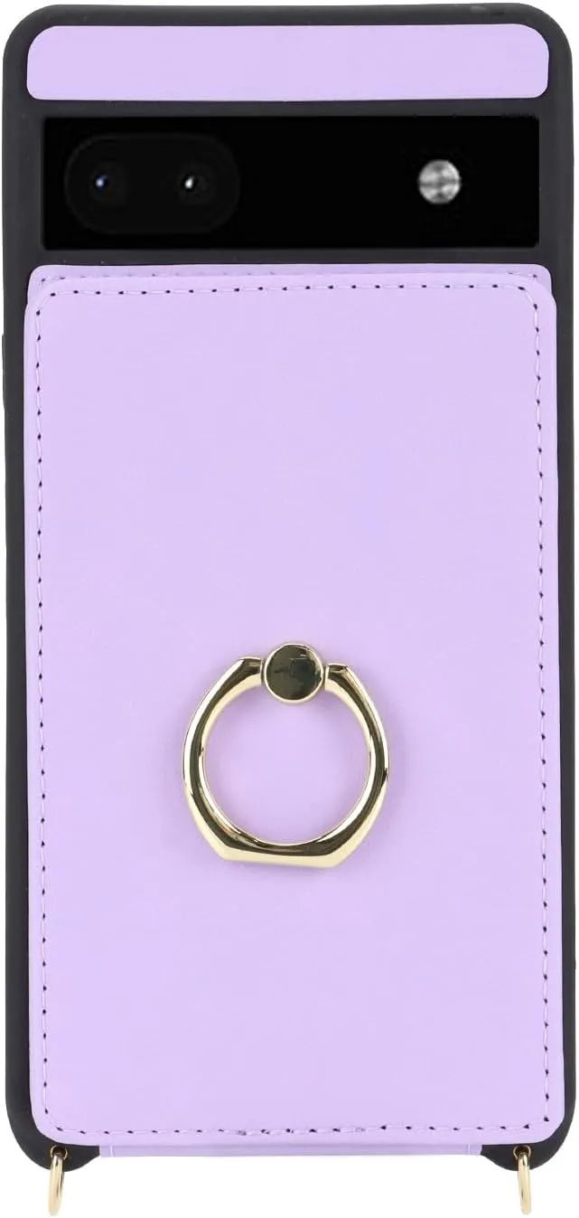 for Google Pixel 6A Case with Card Holder and Strap for Women,Crossbody Lanyard,Ring Stand,Snap Clasp,Phone Wallet Cases 6.1 inch(Purple)