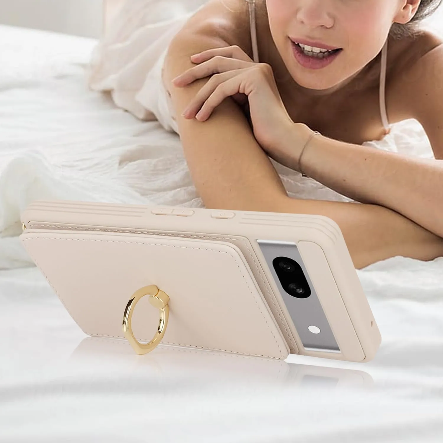 for Google Pixel 7A Case with Card Holder and Strap for Women,Crossbody Lanyard,Stand Ring Kickstand,Snap Clasp,Phone Wallet Cases 6.1 inch(Beige)