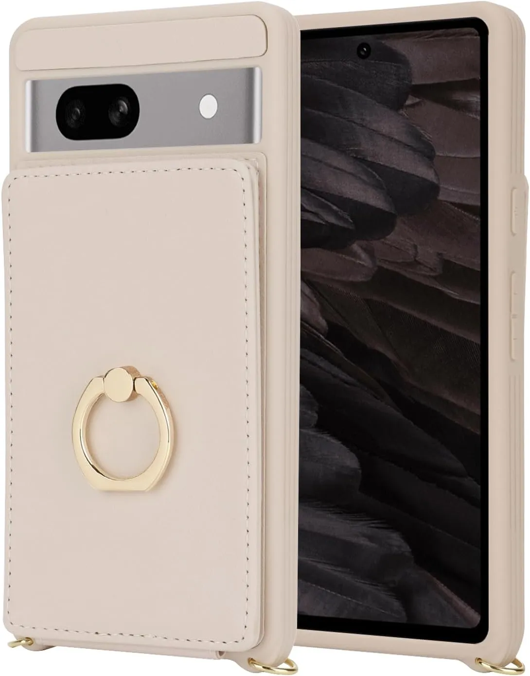 for Google Pixel 7A Case with Card Holder and Strap for Women,Crossbody Lanyard,Stand Ring Kickstand,Snap Clasp,Phone Wallet Cases 6.1 inch(Beige)