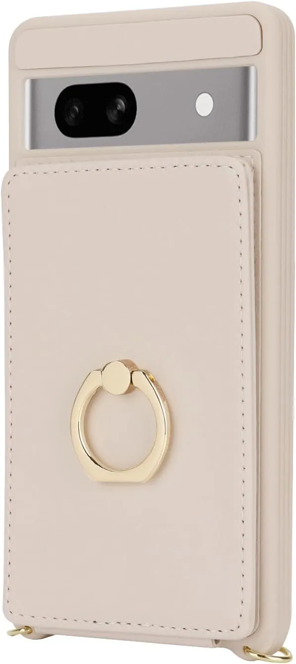 for Google Pixel 7A Case with Card Holder and Strap for Women,Crossbody Lanyard,Stand Ring Kickstand,Snap Clasp,Phone Wallet Cases 6.1 inch(Beige)