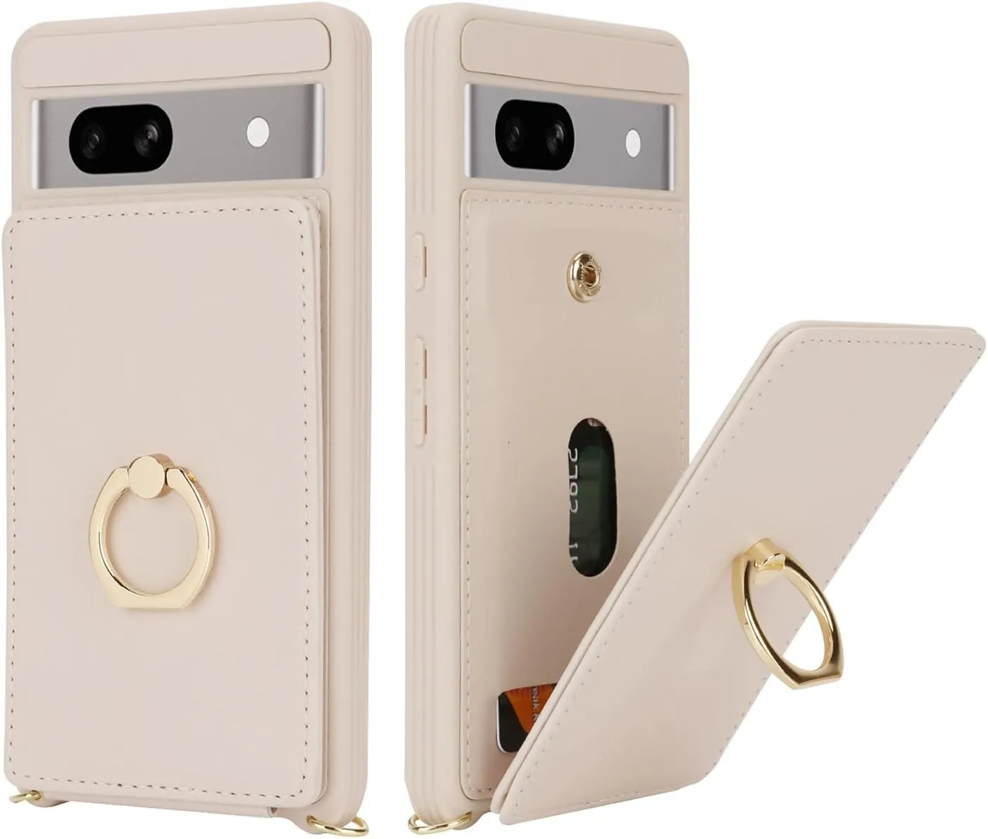 for Google Pixel 7A Case with Card Holder and Strap for Women,Crossbody Lanyard,Stand Ring Kickstand,Snap Clasp,Phone Wallet Cases 6.1 inch(Beige)