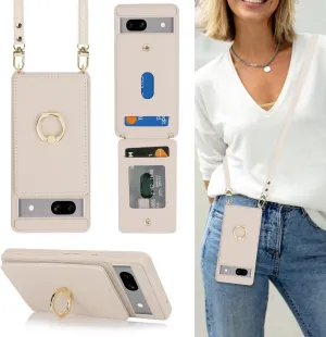 for Google Pixel 7A Case with Card Holder and Strap for Women,Crossbody Lanyard,Stand Ring Kickstand,Snap Clasp,Phone Wallet Cases 6.1 inch(Beige)