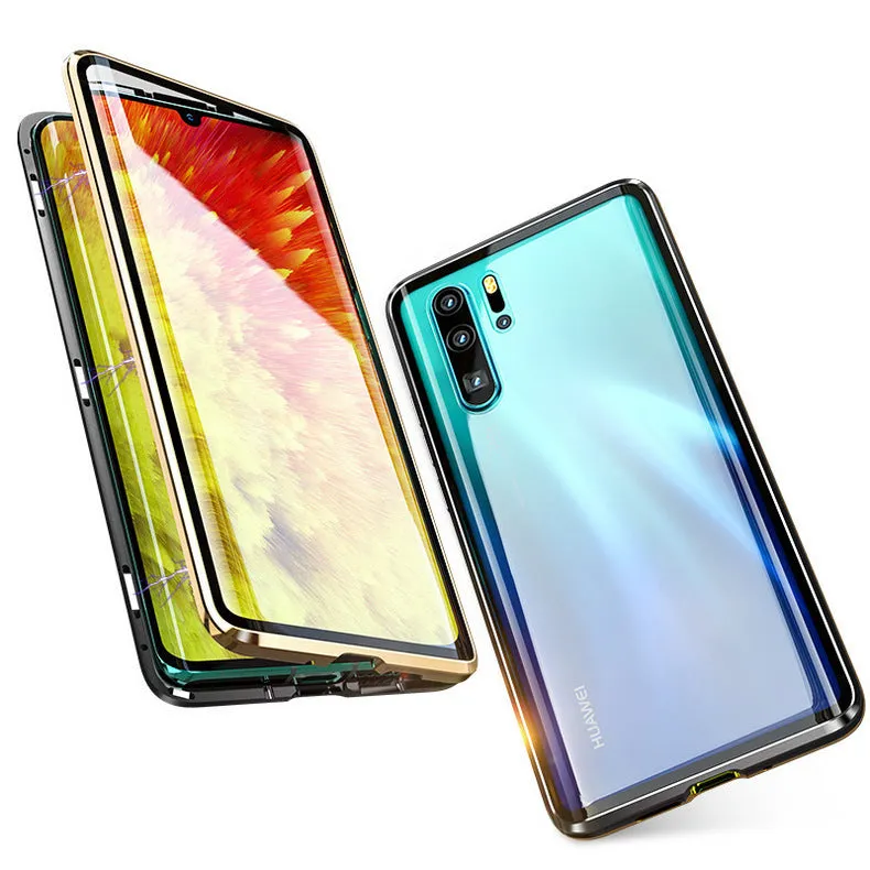 For Huawei P30 Pro/P30 Lite/P30 Front Back Glass Cover Luxury Aluminum Metal Magnet Adsorption Phone Case black_Huawei P30