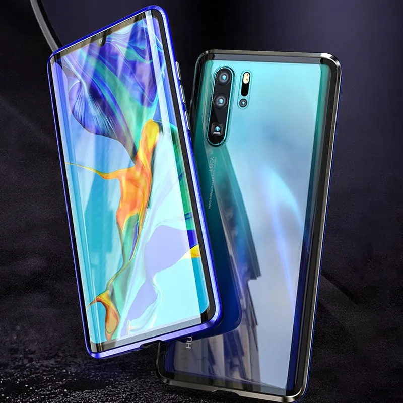 For Huawei P30 Pro/P30 Lite/P30 Front Back Glass Cover Luxury Aluminum Metal Magnet Adsorption Phone Case black_Huawei P30