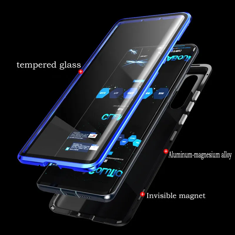 For Huawei P30 Pro/P30 Lite/P30 Front Back Glass Cover Luxury Aluminum Metal Magnet Adsorption Phone Case black_Huawei P30