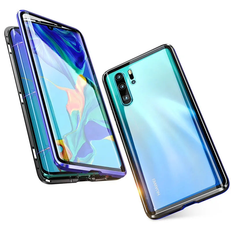 For Huawei P30 Pro/P30 Lite/P30 Front Back Glass Cover Luxury Aluminum Metal Magnet Adsorption Phone Case black_Huawei P30