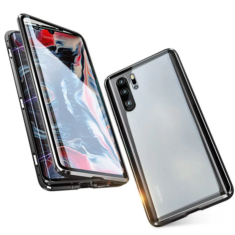 For Huawei P30 Pro/P30 Lite/P30 Front Back Glass Cover Luxury Aluminum Metal Magnet Adsorption Phone Case black_Huawei P30