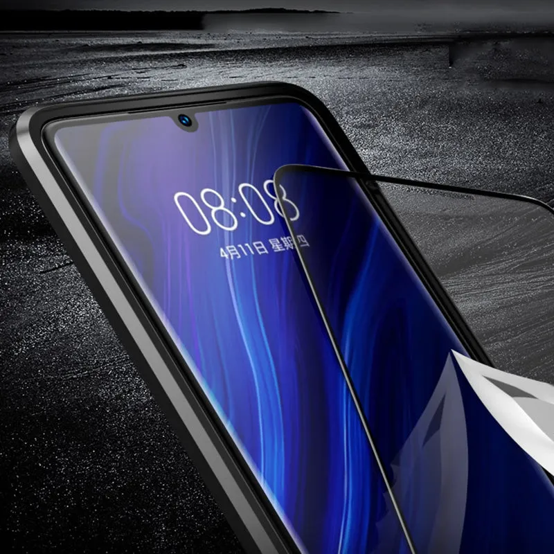 For Huawei P30 Pro/P30 Lite/P30 Front Back Glass Cover Luxury Aluminum Metal Magnet Adsorption Phone Case black_Huawei P30