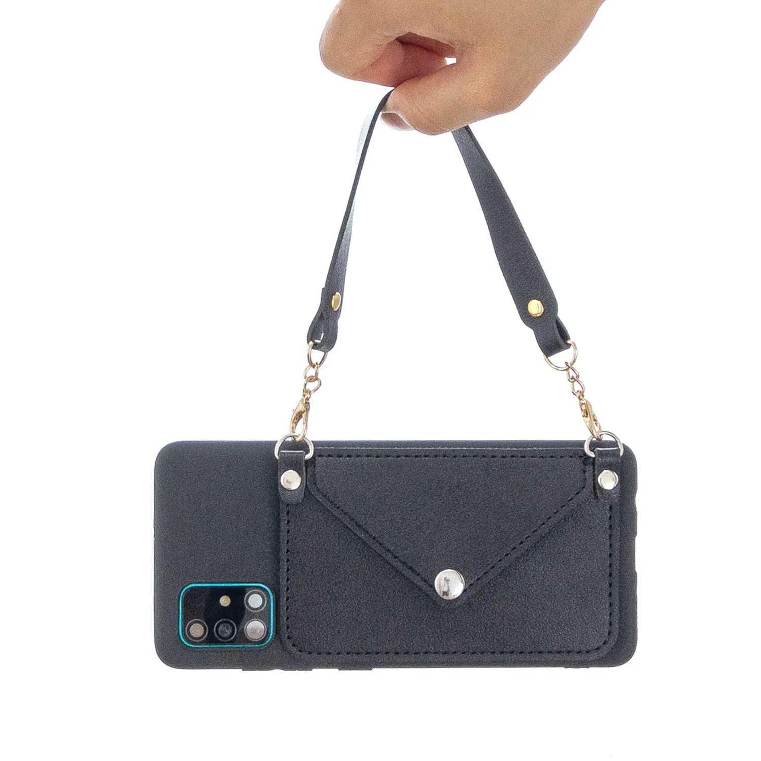 For HUAWEI P40/P40 Lite/P40 Pro Mobile Phone Cover with Pu Leather Card Holder   Hand Rope   Straddle Rope black