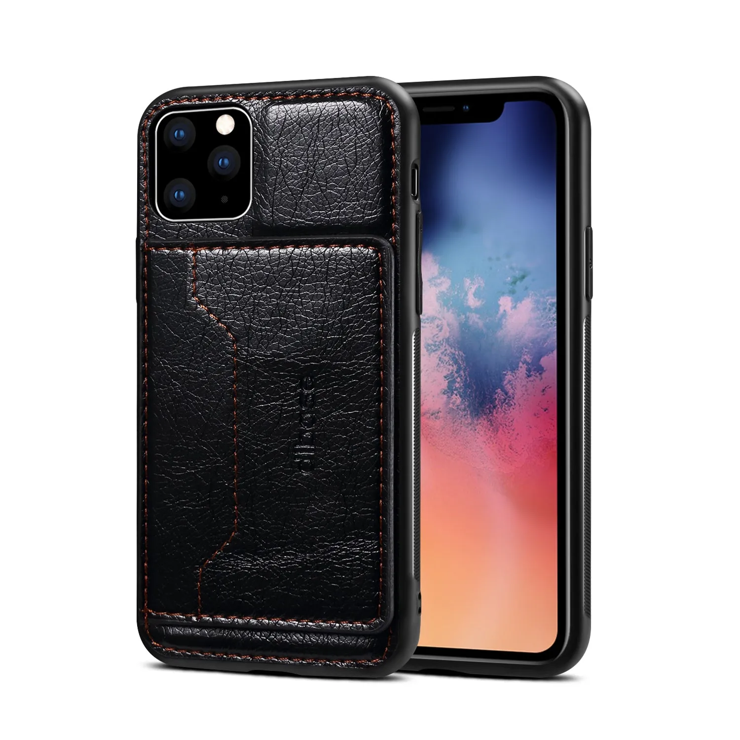 For iPhone 11/11 Pro/11 Pro Max Cellphone Smart Shell 2-in-1 Textured PU Leather Shock-Absorption Anti-Fall Card Holder Stand Function Phone Cover brown