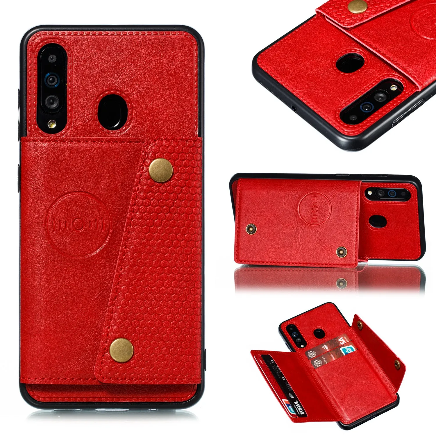 For Samsung A60 Double Buckle Non-slip Shockproof Cell Phone Case with Card Slot Bracket Light Brown