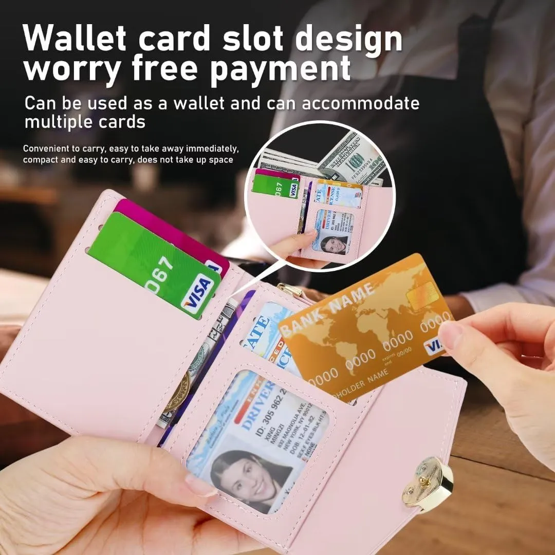 for Samsung Galaxy Z Flip 4 Case with Cute Colorblock Love Flip Wallet, Large Capacity Offers 4 Card Slots,3 Purse, Wrist Strap, Adjustable Shoulder Strap, Mini Crossbody Bag.(Pink)
