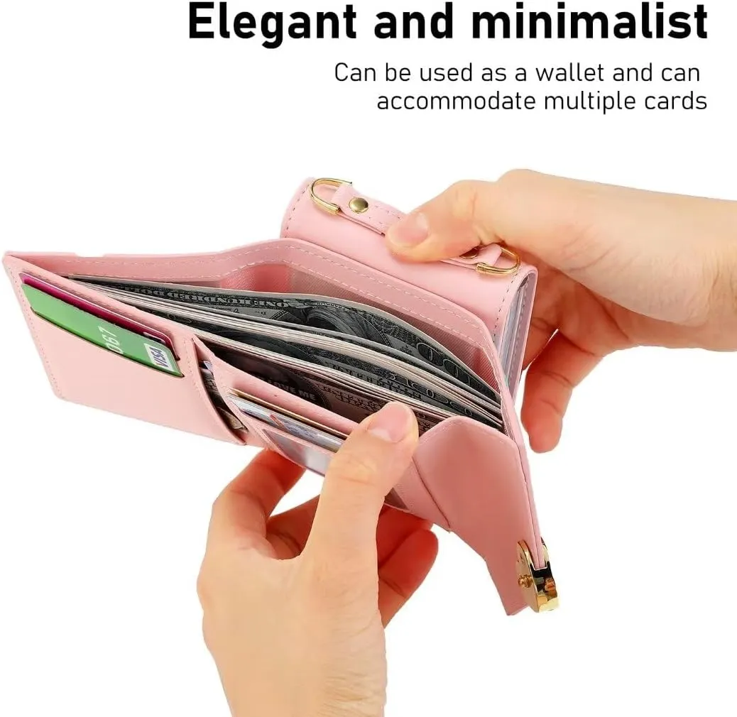for Samsung Galaxy Z Flip 4 Case with Cute Colorblock Love Flip Wallet, Large Capacity Offers 4 Card Slots,3 Purse, Wrist Strap, Adjustable Shoulder Strap, Mini Crossbody Bag.(Pink)