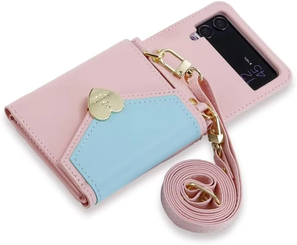 for Samsung Galaxy Z Flip 4 Case with Cute Colorblock Love Flip Wallet, Large Capacity Offers 4 Card Slots,3 Purse, Wrist Strap, Adjustable Shoulder Strap, Mini Crossbody Bag.(Pink)