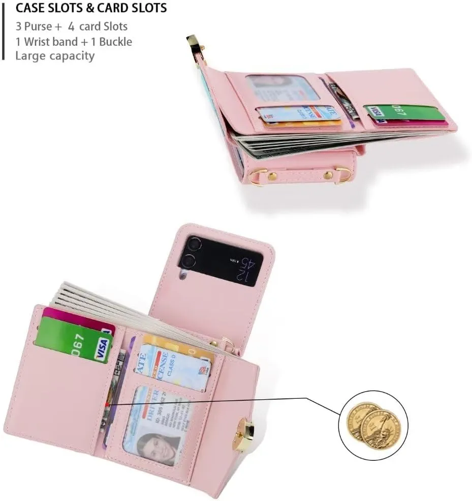 for Samsung Galaxy Z Flip 4 Case with Cute Colorblock Love Flip Wallet, Large Capacity Offers 4 Card Slots,3 Purse, Wrist Strap, Adjustable Shoulder Strap, Mini Crossbody Bag.(Pink)