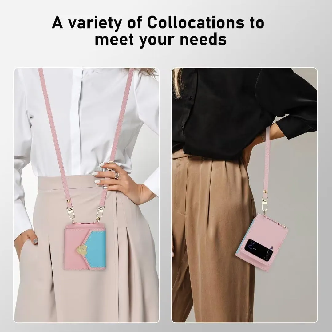 for Samsung Galaxy Z Flip 4 Case with Cute Colorblock Love Flip Wallet, Large Capacity Offers 4 Card Slots,3 Purse, Wrist Strap, Adjustable Shoulder Strap, Mini Crossbody Bag.(Pink)