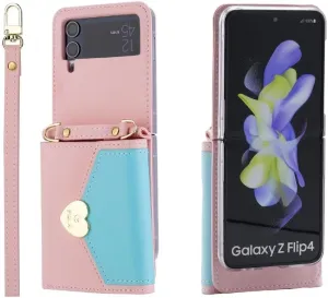 for Samsung Galaxy Z Flip 4 Case with Cute Colorblock Love Flip Wallet, Large Capacity Offers 4 Card Slots,3 Purse, Wrist Strap, Adjustable Shoulder Strap, Mini Crossbody Bag.(Pink)