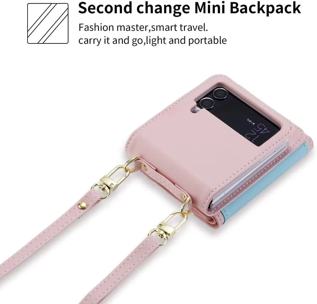 for Samsung Galaxy Z Flip 4 Case with Cute Colorblock Love Flip Wallet, Large Capacity Offers 4 Card Slots,3 Purse, Wrist Strap, Adjustable Shoulder Strap, Mini Crossbody Bag.(Pink)