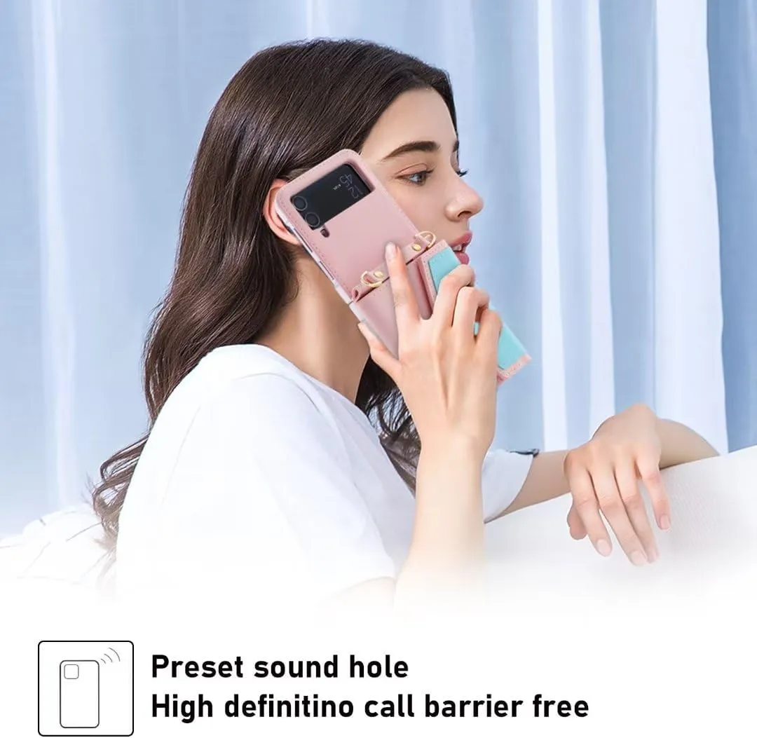 for Samsung Galaxy Z Flip 4 Case with Cute Colorblock Love Flip Wallet, Large Capacity Offers 4 Card Slots,3 Purse, Wrist Strap, Adjustable Shoulder Strap, Mini Crossbody Bag.(Pink)