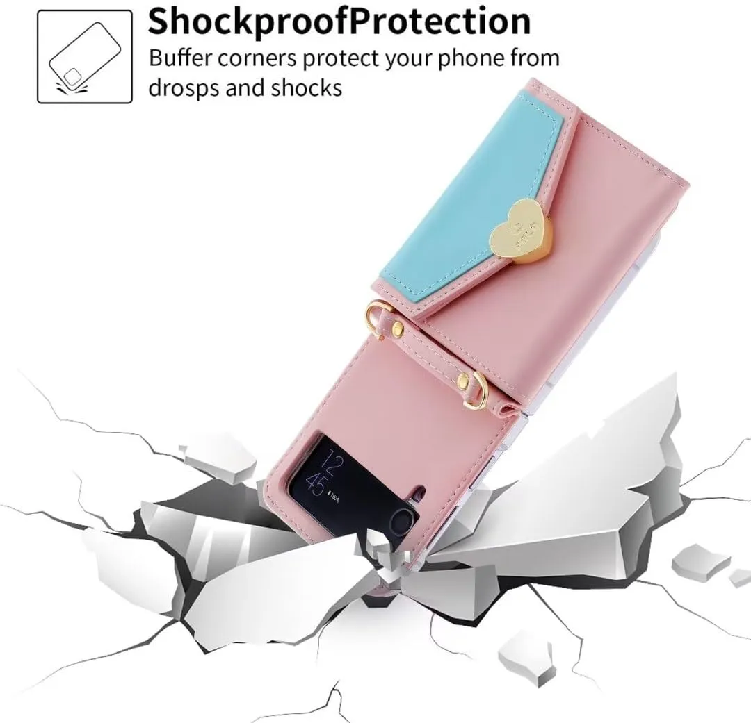 for Samsung Galaxy Z Flip 4 Case with Cute Colorblock Love Flip Wallet, Large Capacity Offers 4 Card Slots,3 Purse, Wrist Strap, Adjustable Shoulder Strap, Mini Crossbody Bag.(Pink)