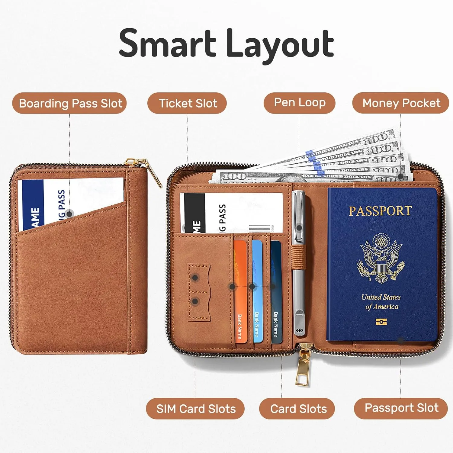 Forvencer Passport Holder Cover with Safe Zipper Closure, Premium Passport Wallet for Travel, Sleek RFID Blocking Card Case, Waterproof Travel Accessories for Men, Brown