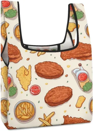 Fried Steak Food Novelty Reusable Grocery Bag Fold-able Shopping Bags Washable Tote Lightweight Storage Pouch with Handle