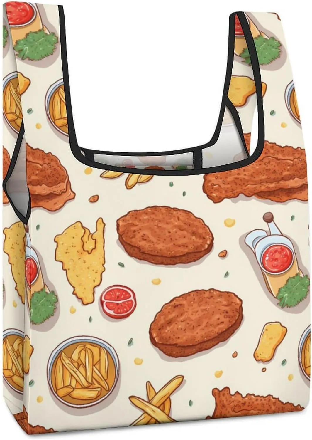 Fried Steak Food Novelty Reusable Grocery Bag Fold-able Shopping Bags Washable Tote Lightweight Storage Pouch with Handle