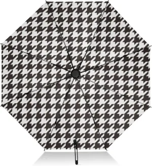 FRODOTGV Black White Houndstooth Travel Umbrella Portable Inverted Compact Umbrella for Sun Rain 8 Ribs Large Windproof UV Umbrella Automatic for Women Men
