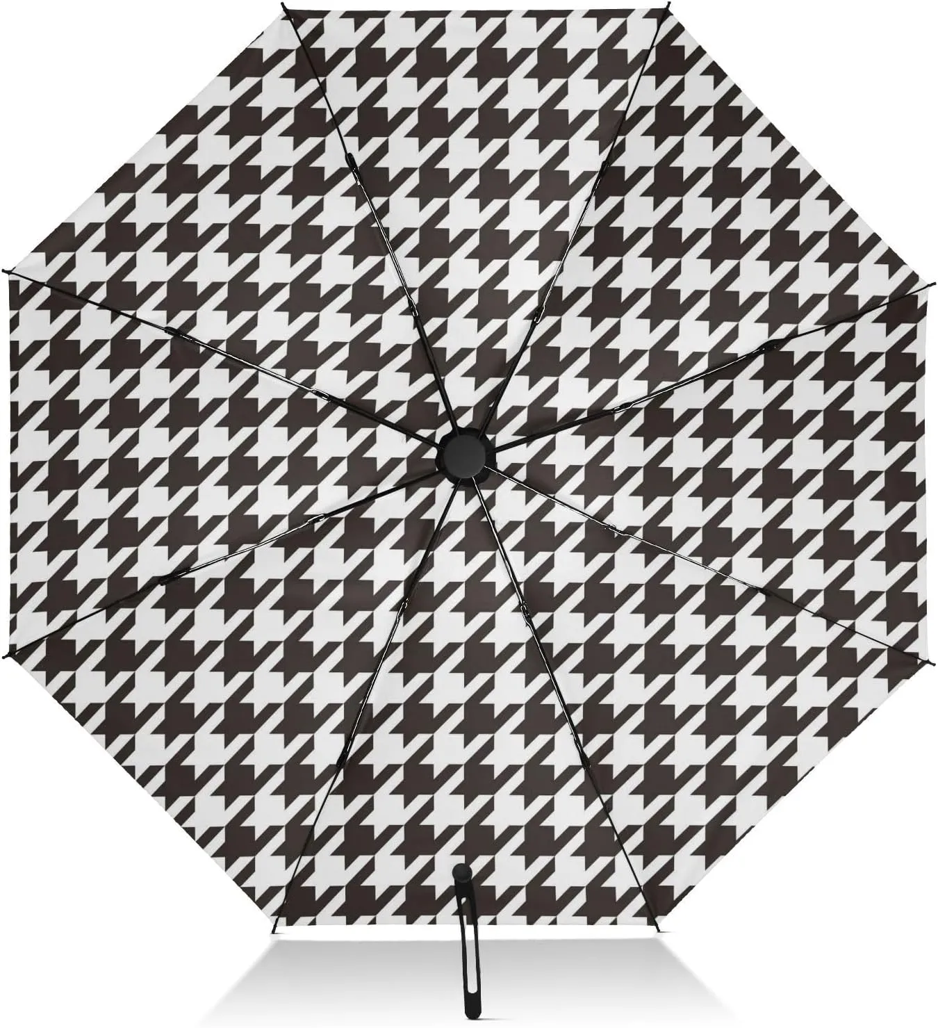 FRODOTGV Black White Houndstooth Travel Umbrella Portable Inverted Compact Umbrella for Sun Rain 8 Ribs Large Windproof UV Umbrella Automatic for Women Men
