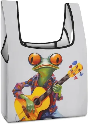 Frog Play Guitar Novelty Reusable Grocery Bag Fold-able Shopping Bags Washable Tote Lightweight Storage Pouch with Handle
