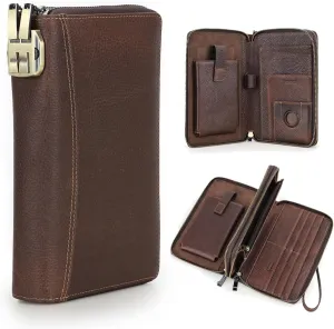 Full Grain Leather Airtag Passport Holder Travel Clutch Wallet with Code Lock Phone Organizer Large Wristlet Zipper RFID Purse