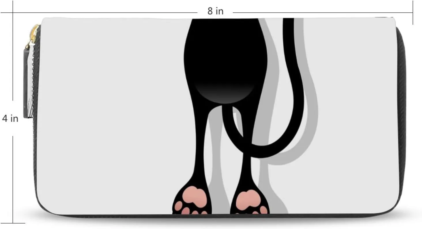 Funny Black Cat Cartoon Scratching Curtains on White Leather Long Wallet Organizer with Zipper Purse Clutch Bag for Women Men Key Card Coin Passport Checkbook 8 x 4 inch
