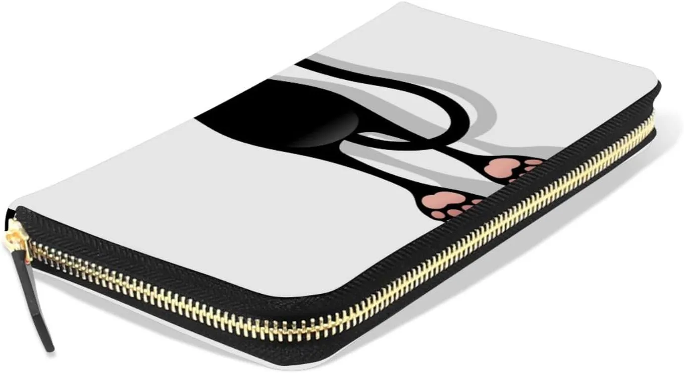Funny Black Cat Cartoon Scratching Curtains on White Leather Long Wallet Organizer with Zipper Purse Clutch Bag for Women Men Key Card Coin Passport Checkbook 8 x 4 inch