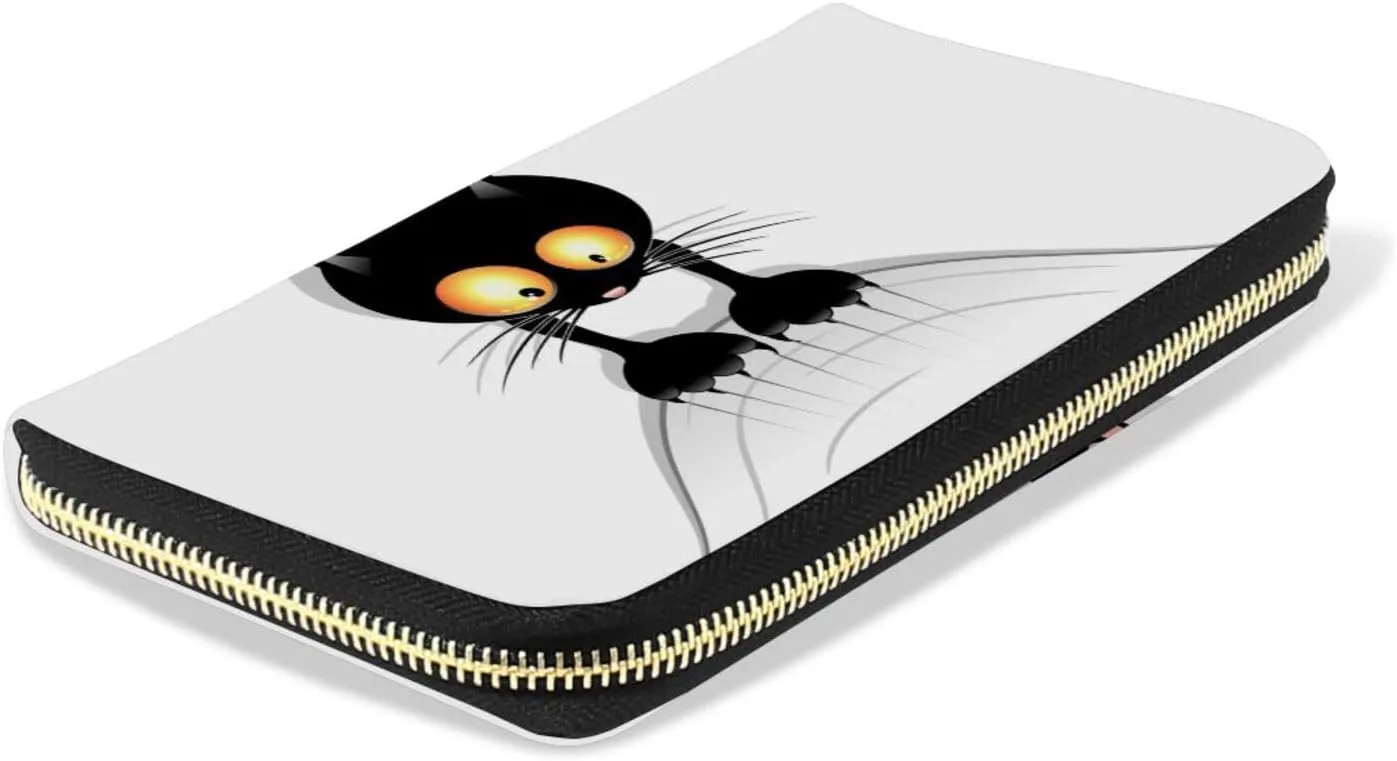 Funny Black Cat Cartoon Scratching Curtains on White Leather Long Wallet Organizer with Zipper Purse Clutch Bag for Women Men Key Card Coin Passport Checkbook 8 x 4 inch