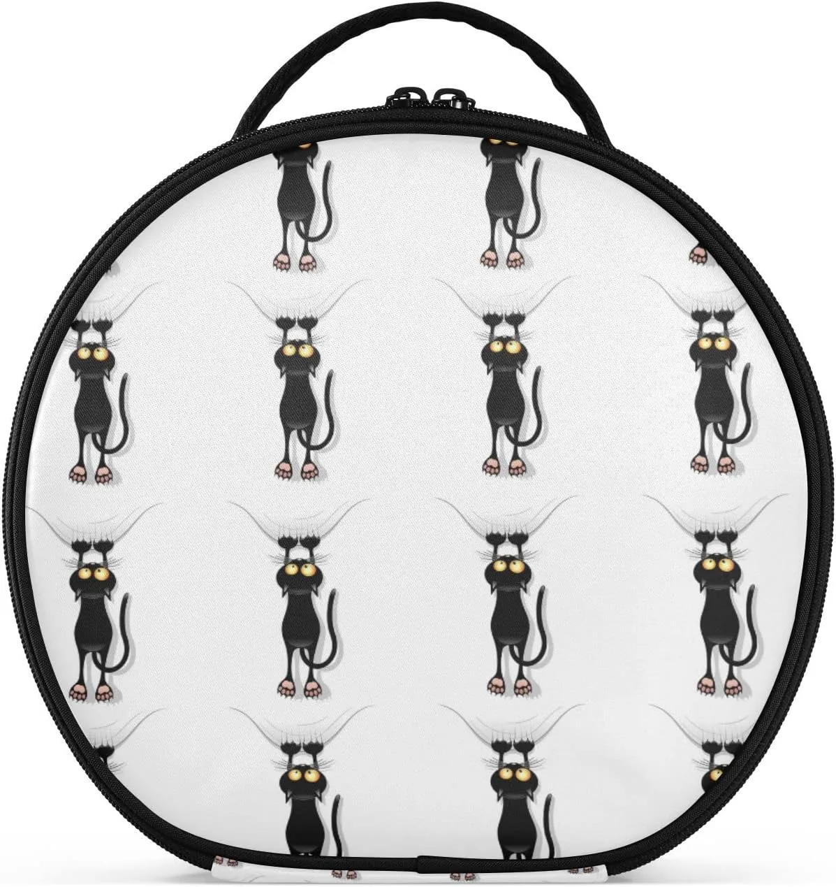 Funny Black Cat Cartoon Scratching Curtains on White Women's Portable Round Makeup Bag with Handle, Cosmetic Bag, Adjustable Dividers, Travel Cosmetic Storage 11 x 3.5 x 10 inch